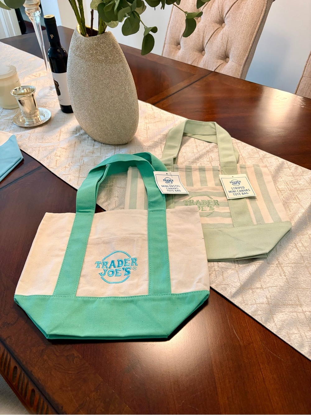 Trader Joe’s Mini Tote Bag Green 2025 & 2026 Stripe Mini Canvas Tote Bag Set NEW